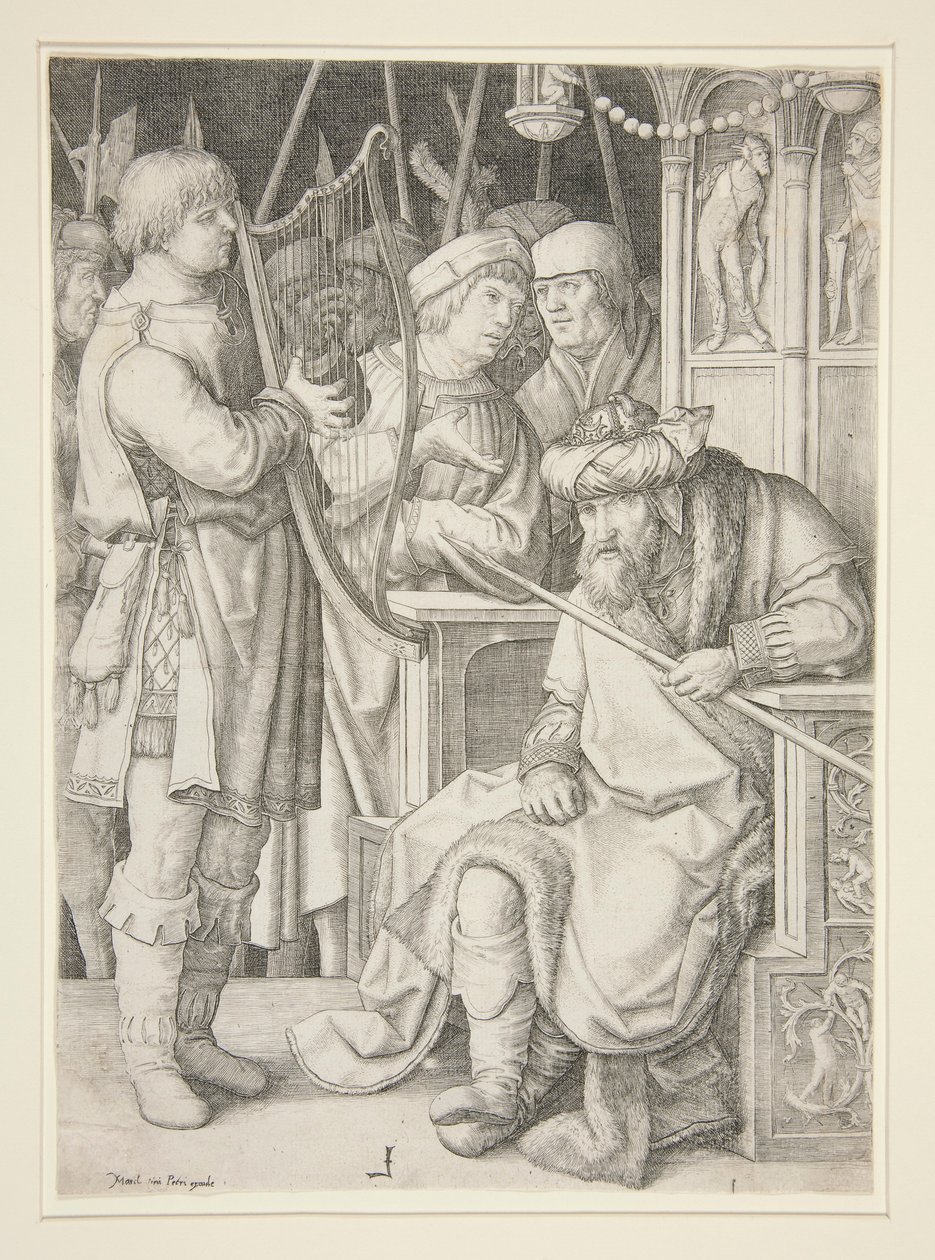 Dawid grający na harfie przed Saulem autorstwa Lucas van Leyden