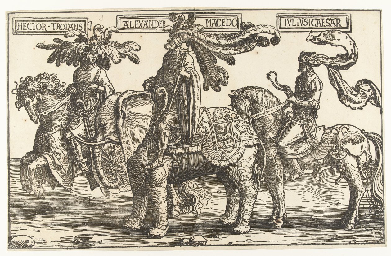 Bohaterowie Hektor Troi, Aleksander Wielki i Juliusz Cezar Dziewięciu Bohaterów (tytuł serii) autorstwa Lucas van Leyden