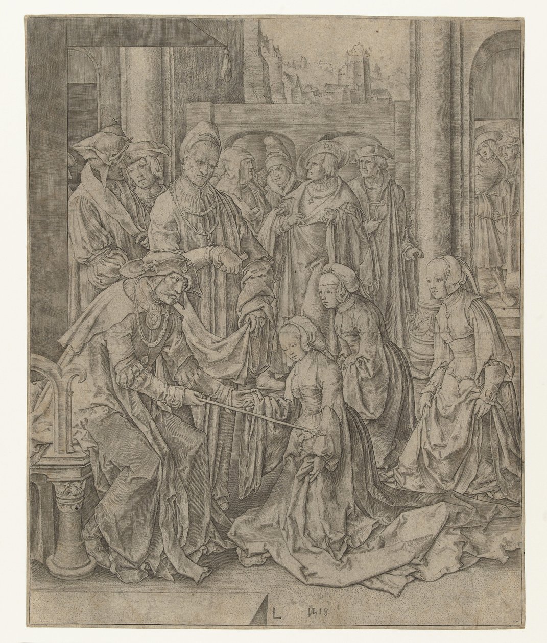 Estera klęka przed Aswerusem autorstwa Lucas van Leyden