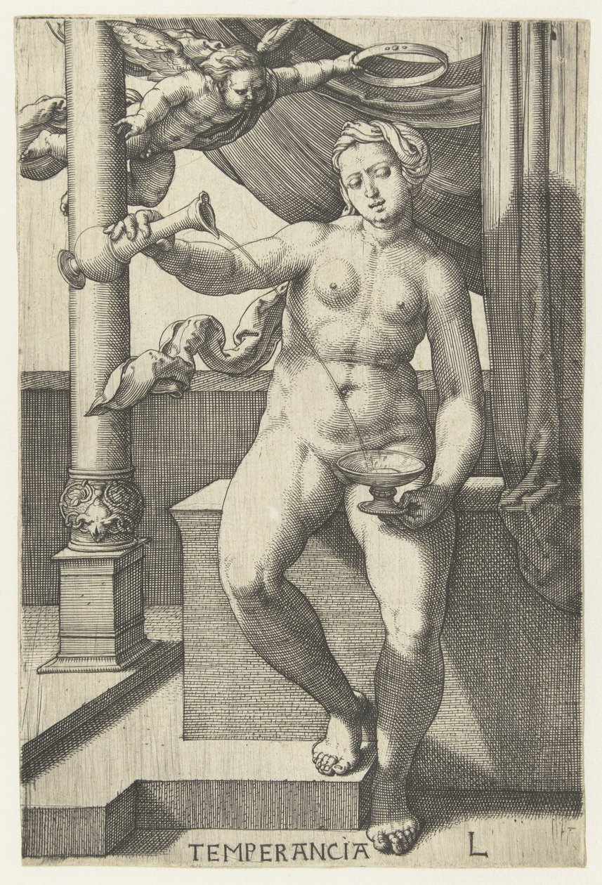 trzeźwość Temperancia (tytuł na obiekcie) Siedem cnót (tytuł serii) autorstwa Lucas van Leyden