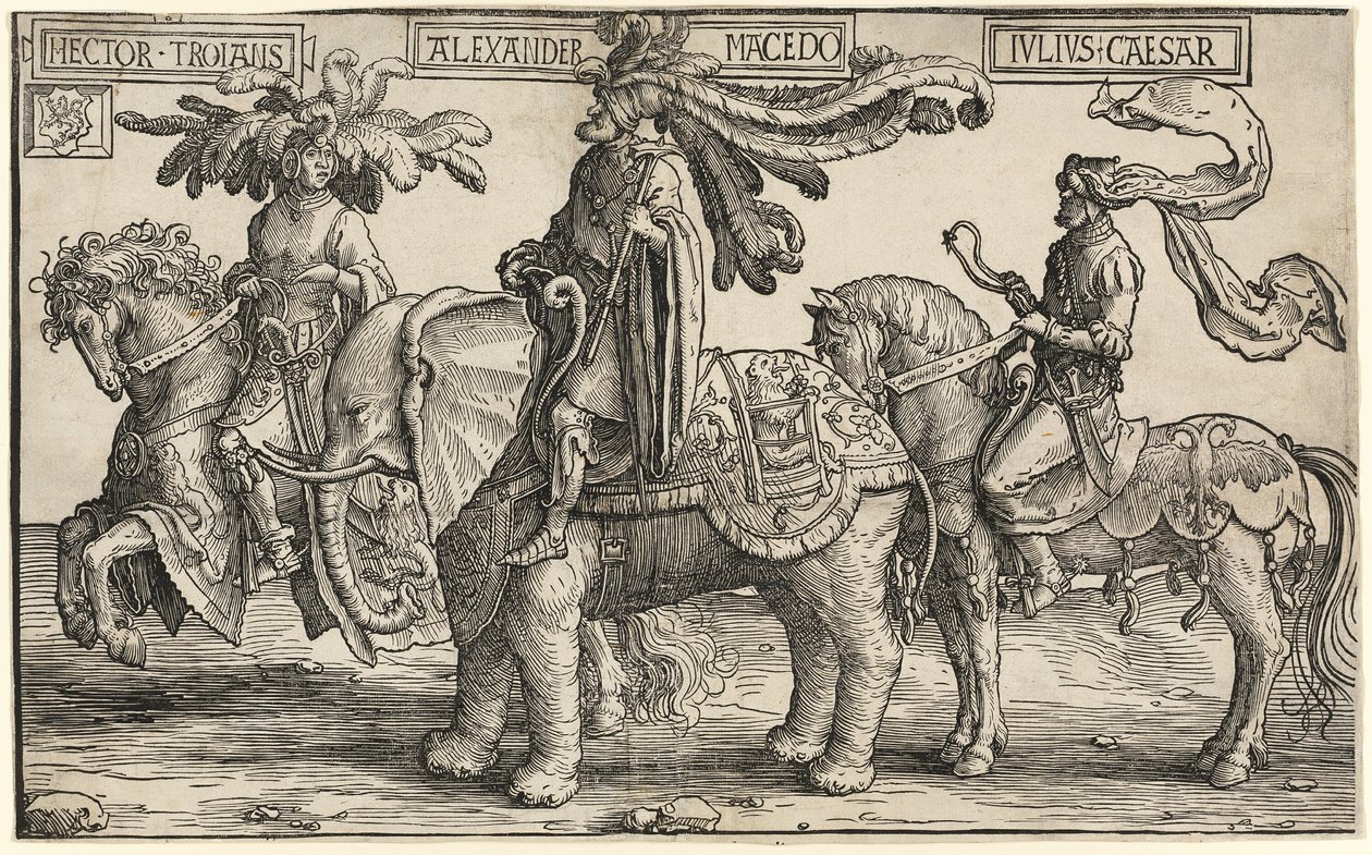 Hektor Troi, Aleksander Macedoński, Juliusz Cezar, z Dziewięciu Bohaterów autorstwa Lucas van Leyden