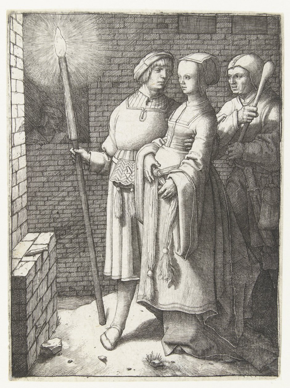 Młody mężczyzna z pochodnią, kobieta i nar autorstwa Lucas van Leyden