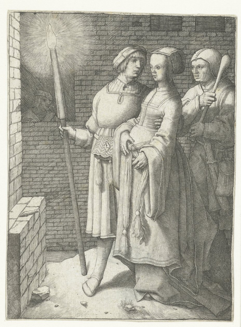 Młody mężczyzna z pochodnią, kobieta i nar autorstwa Lucas van Leyden