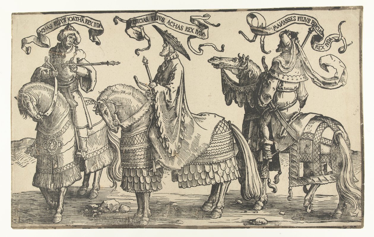 Królowie Achaz, Ezechiasz i Manasses Dwunastu królów Izraela (tytuł serii) autorstwa Lucas van Leyden