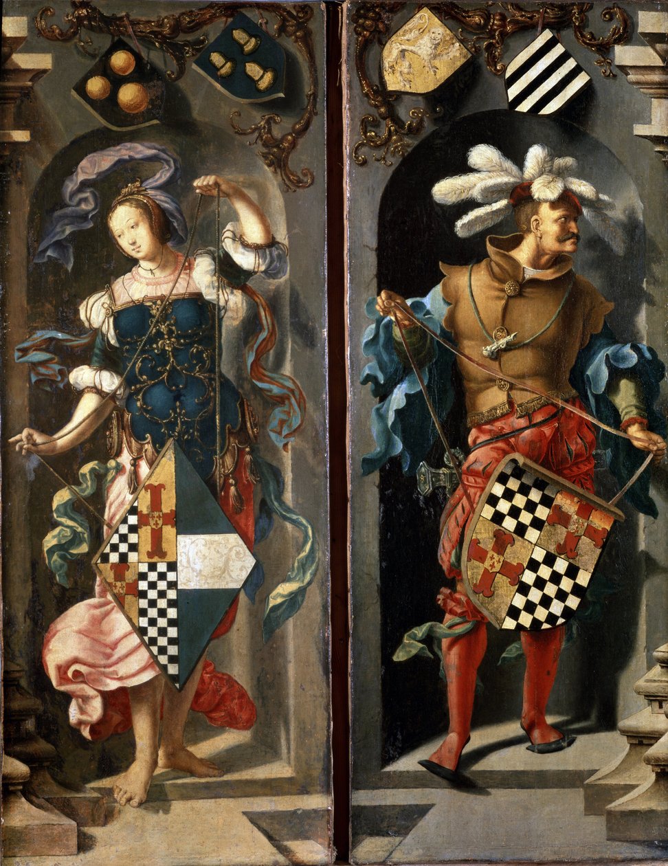Uzdrowienie ślepca z Jerycha (panel boczny). Uzdrowienie niewidomego mężczyzny z Jerycha. Dwie postacie trzymające herby. Obraz Lucasa Van Leydena (1489/94-1533) autorstwa Lucas van Leyden