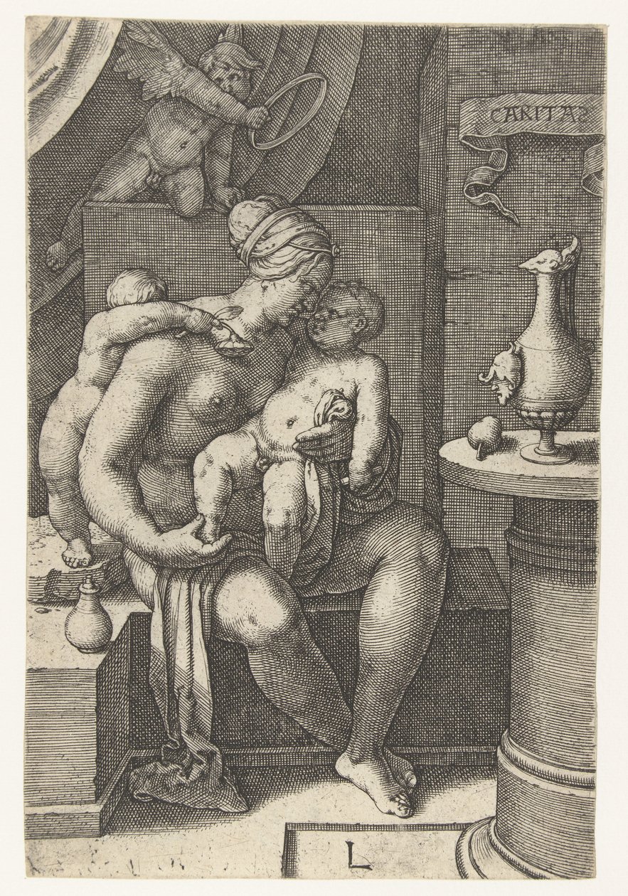 Miłość Caritas (tytuł na obiekcie) Siedem cnót (tytuł serii) autorstwa Lucas van Leyden