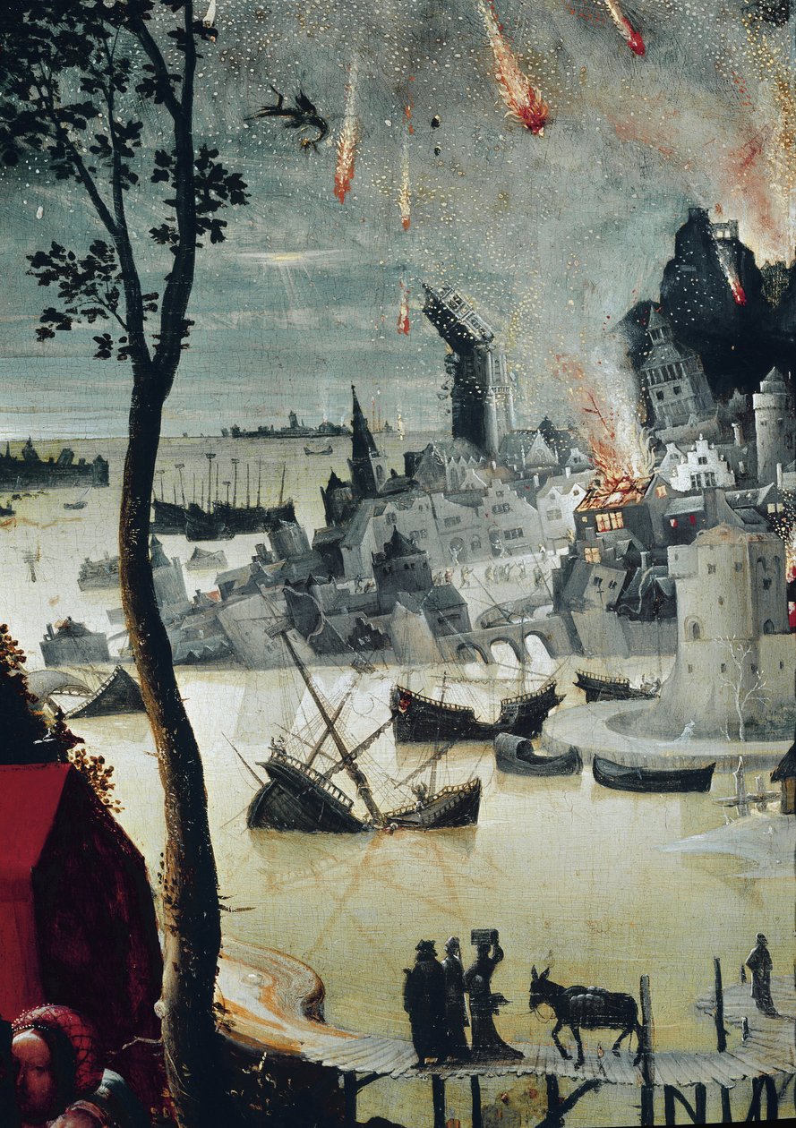 Lot i jego córki, szczegół zniszczenia Sodomy (olej na desce, ok. 1517) autorstwa Lucas van Leyden