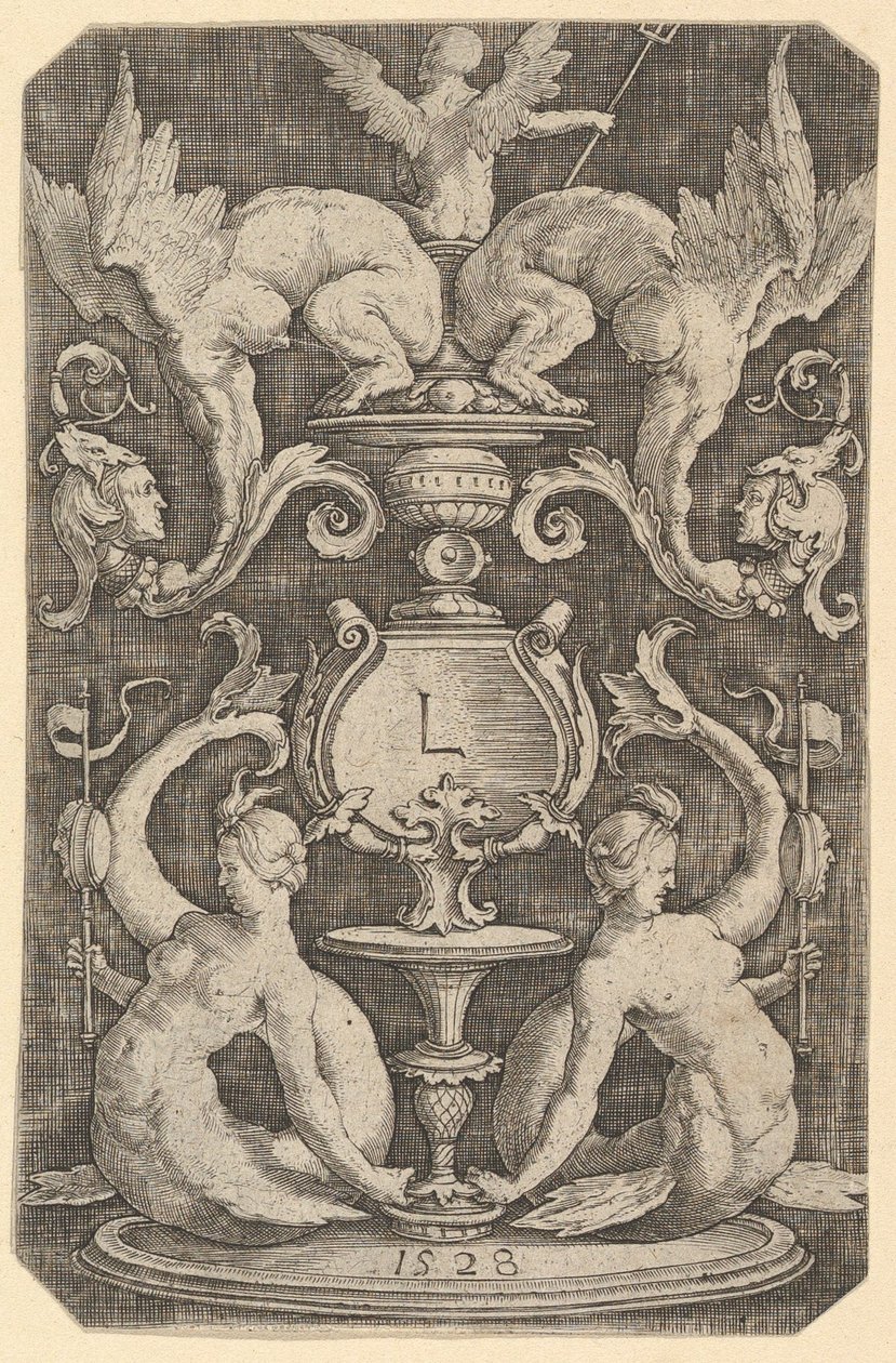 Panel ozdoby z dwiema syrenami, 1528. autorstwa Lucas van Leyden
