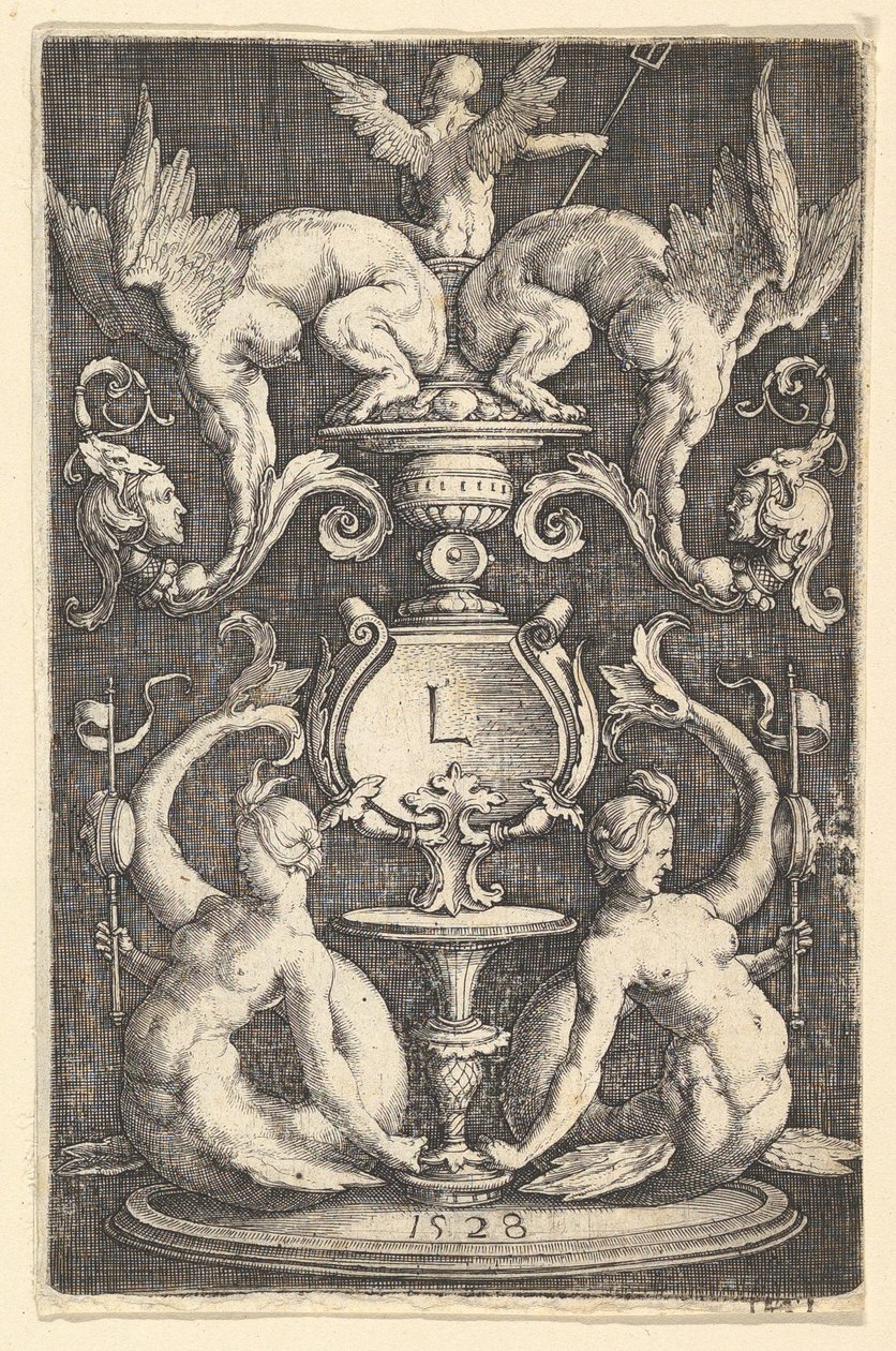 Panel ozdoby z dwiema syrenami, 1528. autorstwa Lucas van Leyden