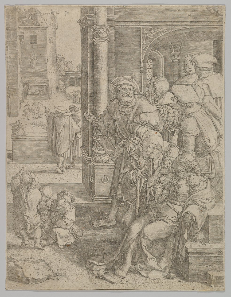 Poeta Virgil zawieszony w koszu, 1525. autorstwa Lucas van Leyden