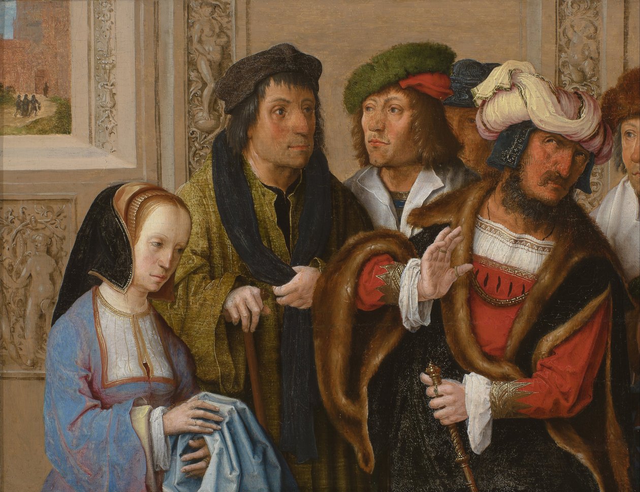 Żona Potifara pokazuje mężowi płaszcz Józefa. W tle: Józef jest prowadzony do więzienia autorstwa Lucas van Leyden