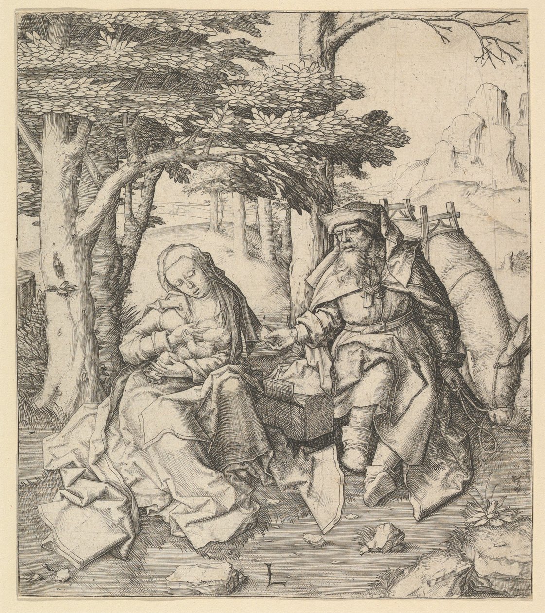Odpocznij w locie do Egiptu, ok. godz. 1506. autorstwa Lucas van Leyden