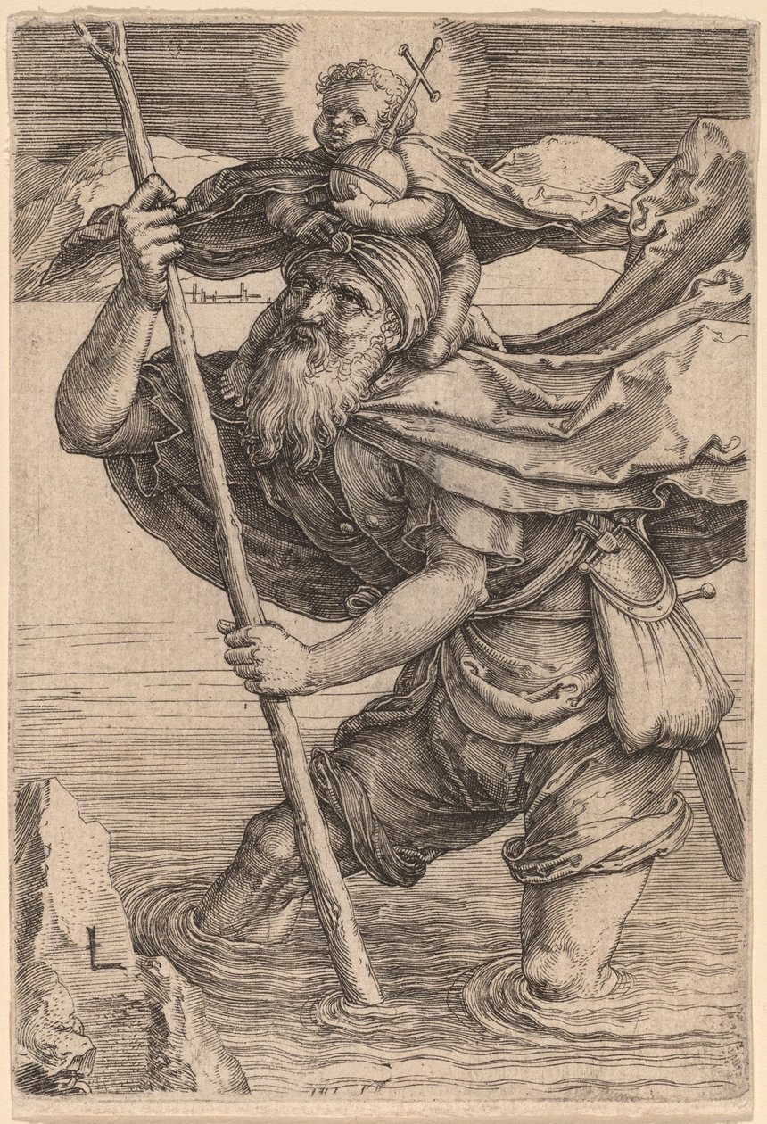 Św. Krzysztof niosący Dzieciątko Chrystus autorstwa Lucas van Leyden