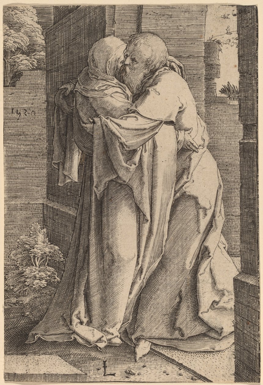 Św. Joachim obejmujący Św. Annę autorstwa Lucas van Leyden