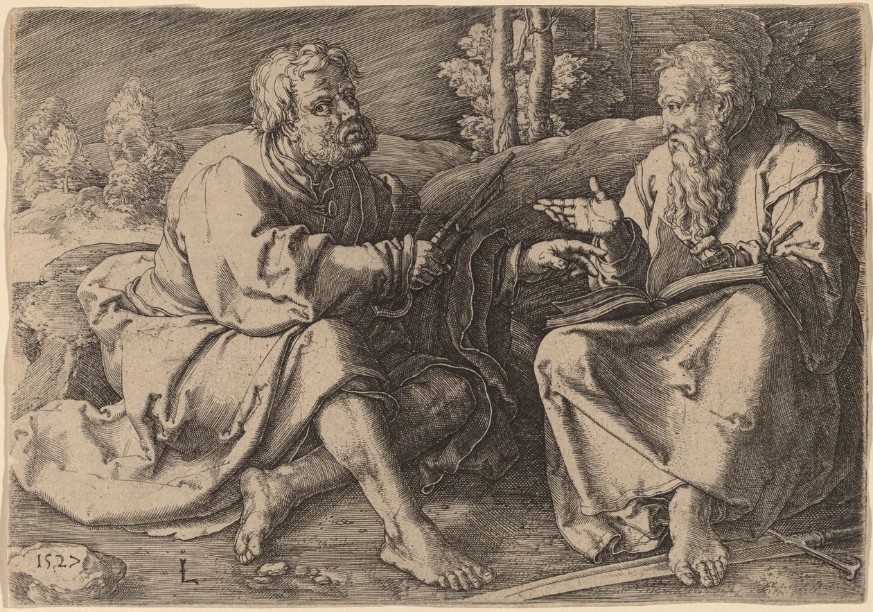 Święci Piotr i Paweł siedzący w krajobrazie autorstwa Lucas van Leyden