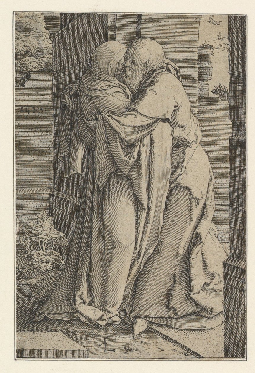 Św. Joachim w objęciach św. Anny, 1520. autorstwa Lucas van Leyden