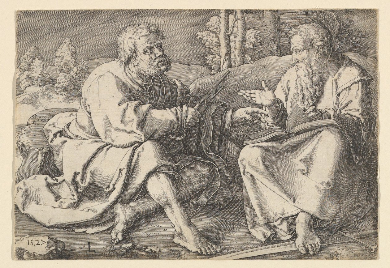 św. Piotr i Paweł siedzący w krajobrazie, 1527. autorstwa Lucas van Leyden