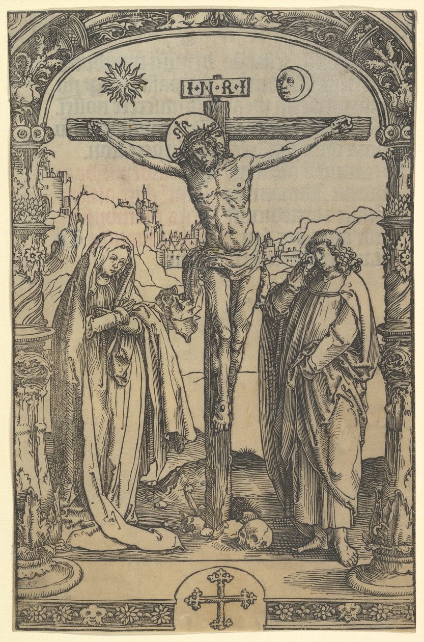 Ukrzyżowanie użyte w Missale Traiectense Utrecht Missal, Leiden, 1514, ok. 1512. autorstwa Lucas van Leyden
