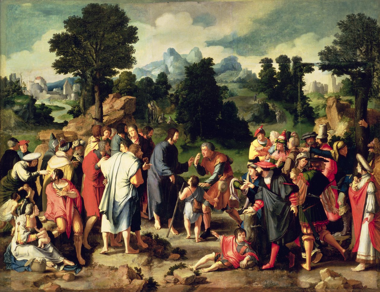 Uzdrowienie niewidomego z Jerycha, centralny panel tryptyku, 1531 (olej na płótnie przeniesiony z panelu) autorstwa Lucas van Leyden