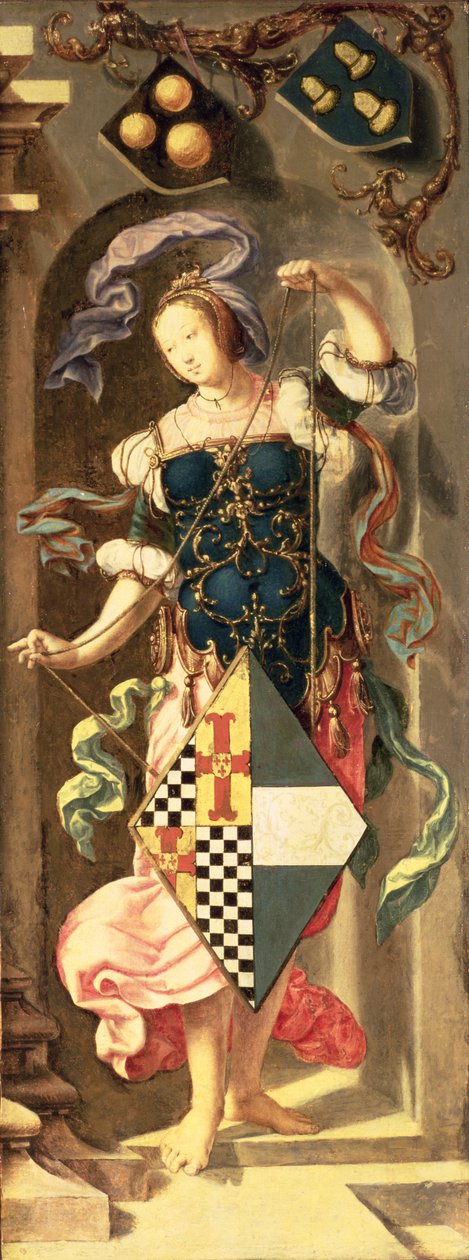 Uzdrowienie niewidomego z Jerycha, prawy panel boczny tryptyku przedstawiający młodą dziewczynę z herbem patrona, 1531 (olej na płótnie przeniesiony z panelu) autorstwa Lucas van Leyden
