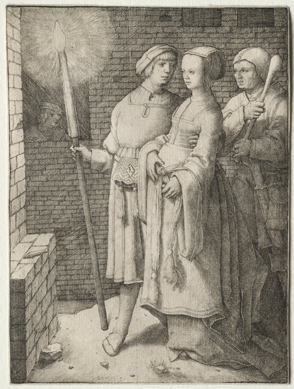 Mężczyzna z pochodnią i kobieta śledzona przez głupca autorstwa Lucas van Leyden
