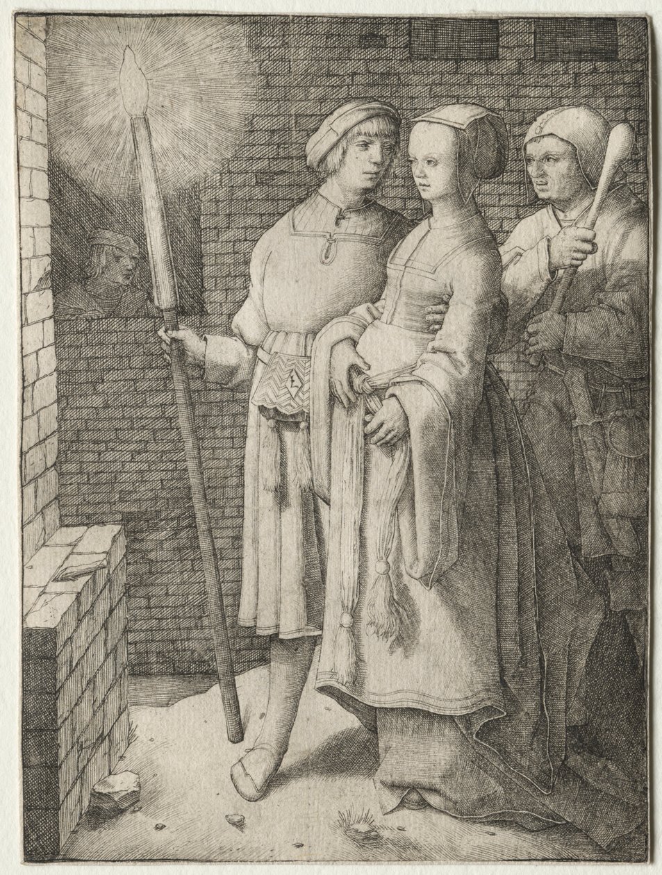 Mężczyzna z pochodnią i kobieta śledzona przez głupca, c. 1508. autorstwa Lucas van Leyden