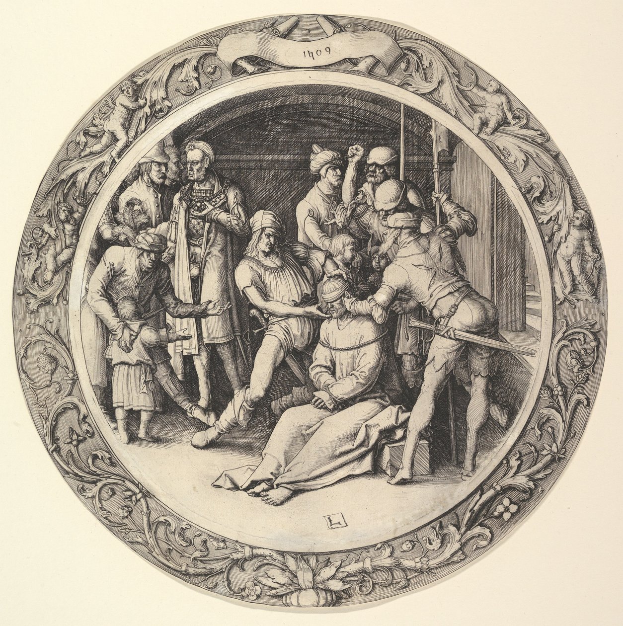 Wyszydzenie Chrystusa, z cyklu Pasja kolista autorstwa Lucas van Leyden
