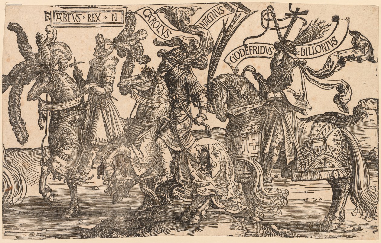 Dziewięciu Bohaterów: Artur, Karol Wielki (Charlemagne), Godfrey z Bouillon autorstwa Lucas van Leyden