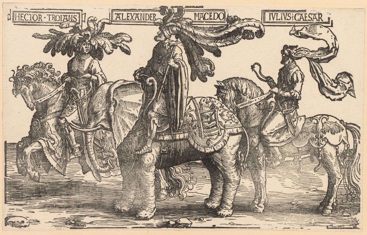 Dziewięciu bohaterów: Hektor z Troi, Aleksander Macedoński, Juliusz Cezar, 1515-1517. autorstwa Lucas van Leyden