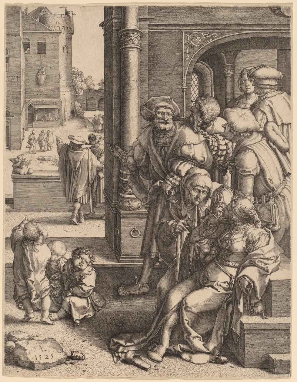 Poeta Virgil zawieszony w koszu autorstwa Lucas van Leyden