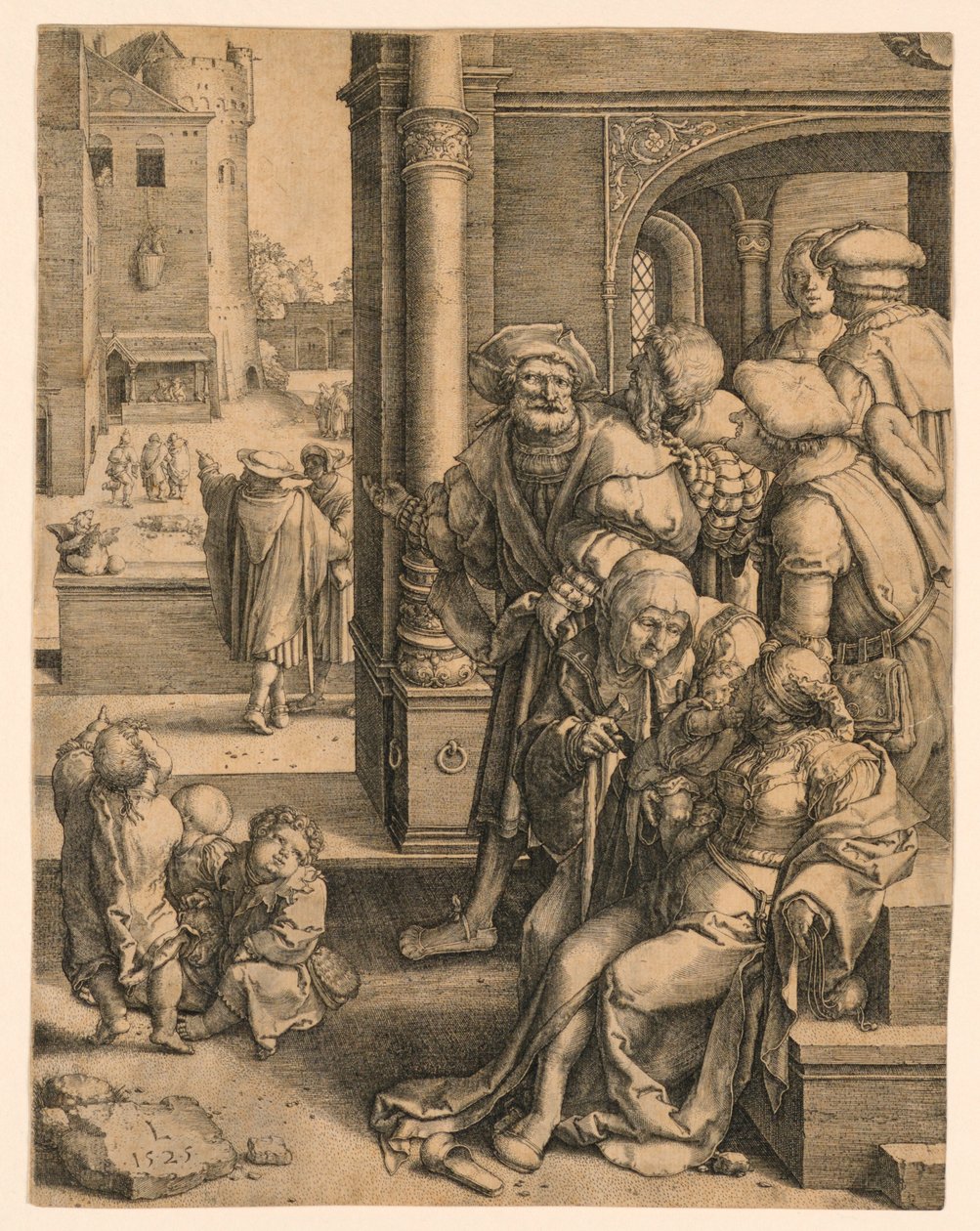 Poeta Virgil zawieszony w koszu autorstwa Lucas van Leyden