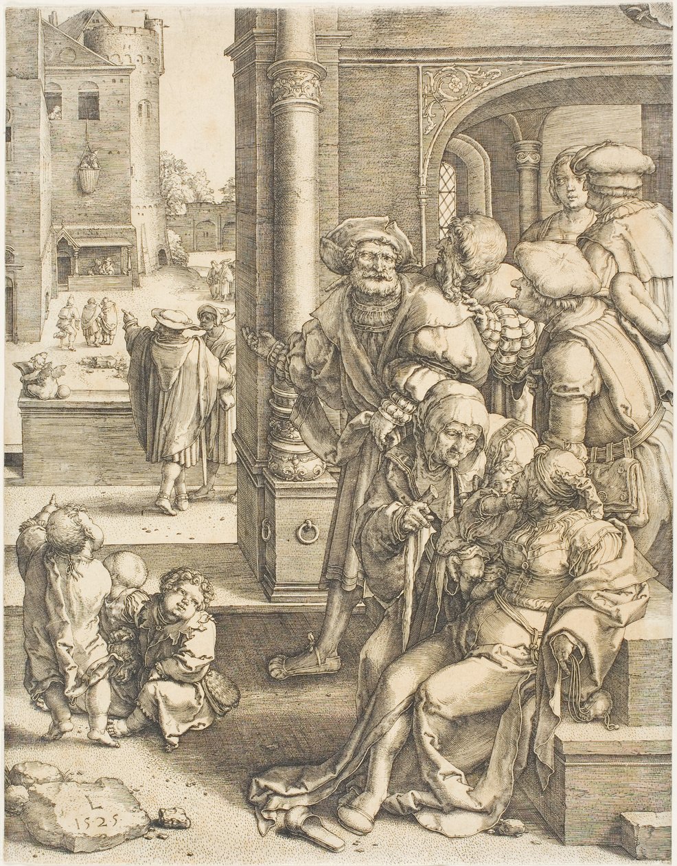 Poeta Virgil zawieszony w koszu autorstwa Lucas van Leyden