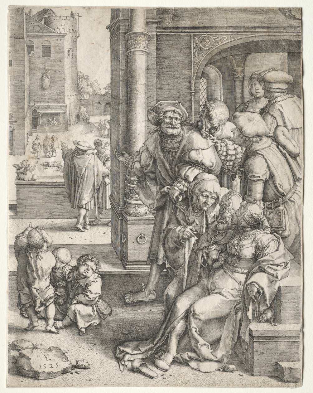 Poeta Virgil zawieszony w koszu, 1525. autorstwa Lucas van Leyden