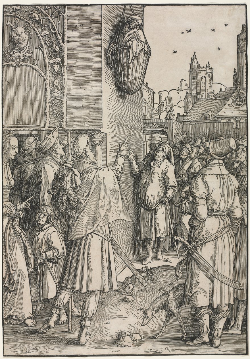 Siła kobiet: poeta Virgil zawieszony w koszu autorstwa Lucas van Leyden