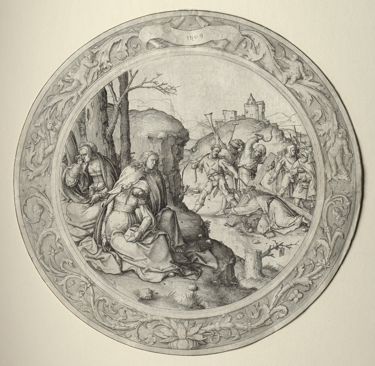 Okrągła pasja: Chrystus dźwigający krzyż, 1509. autorstwa Lucas van Leyden