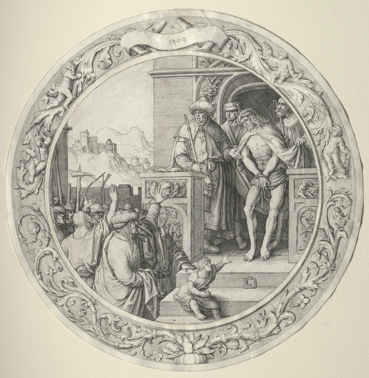 Okrągła pasja: Chrystus przedstawiony ludowi, 1509. autorstwa Lucas van Leyden