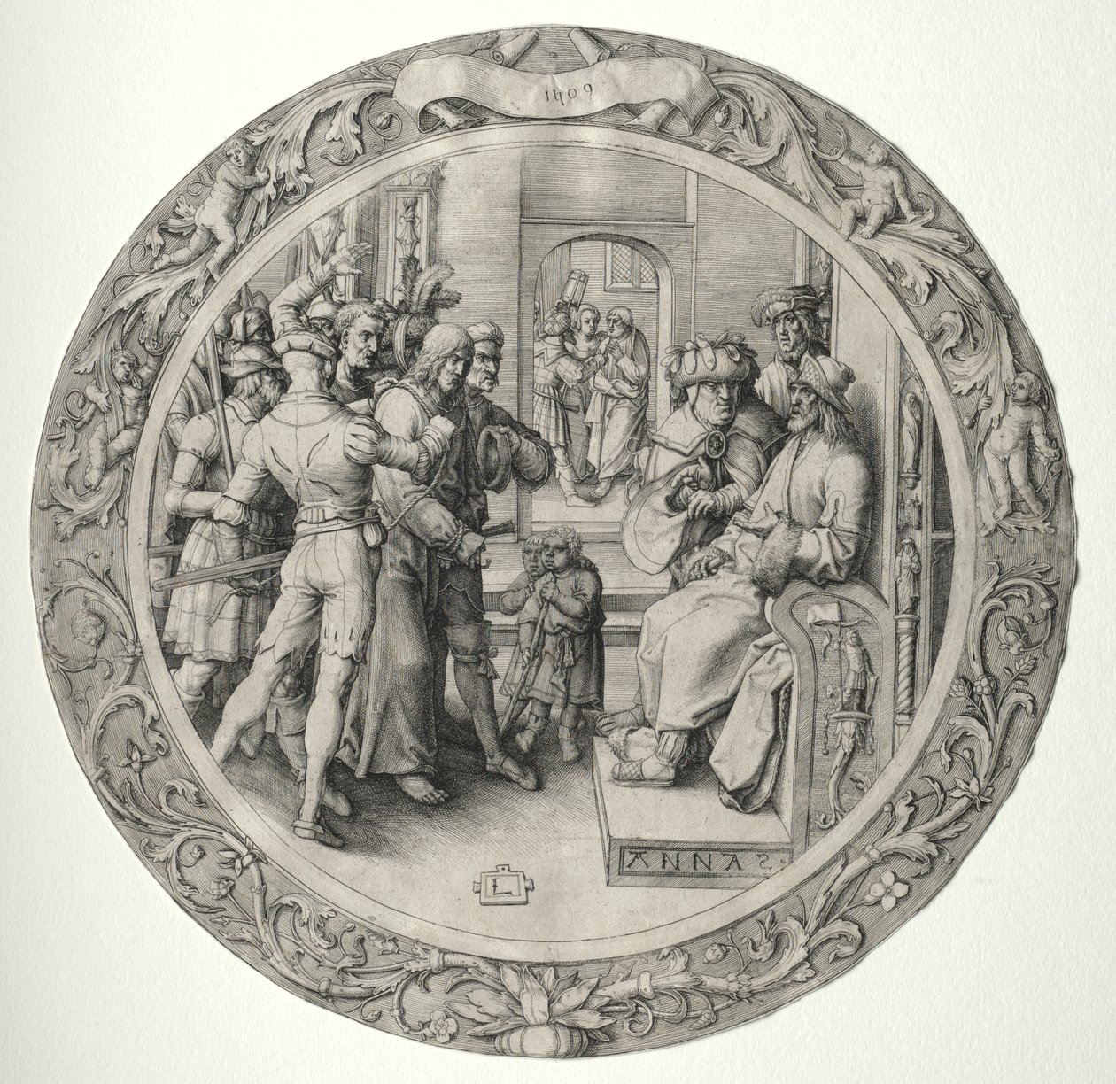 Okrągła pasja: Chrystus przed Najwyższym Kapłanem autorstwa Lucas van Leyden