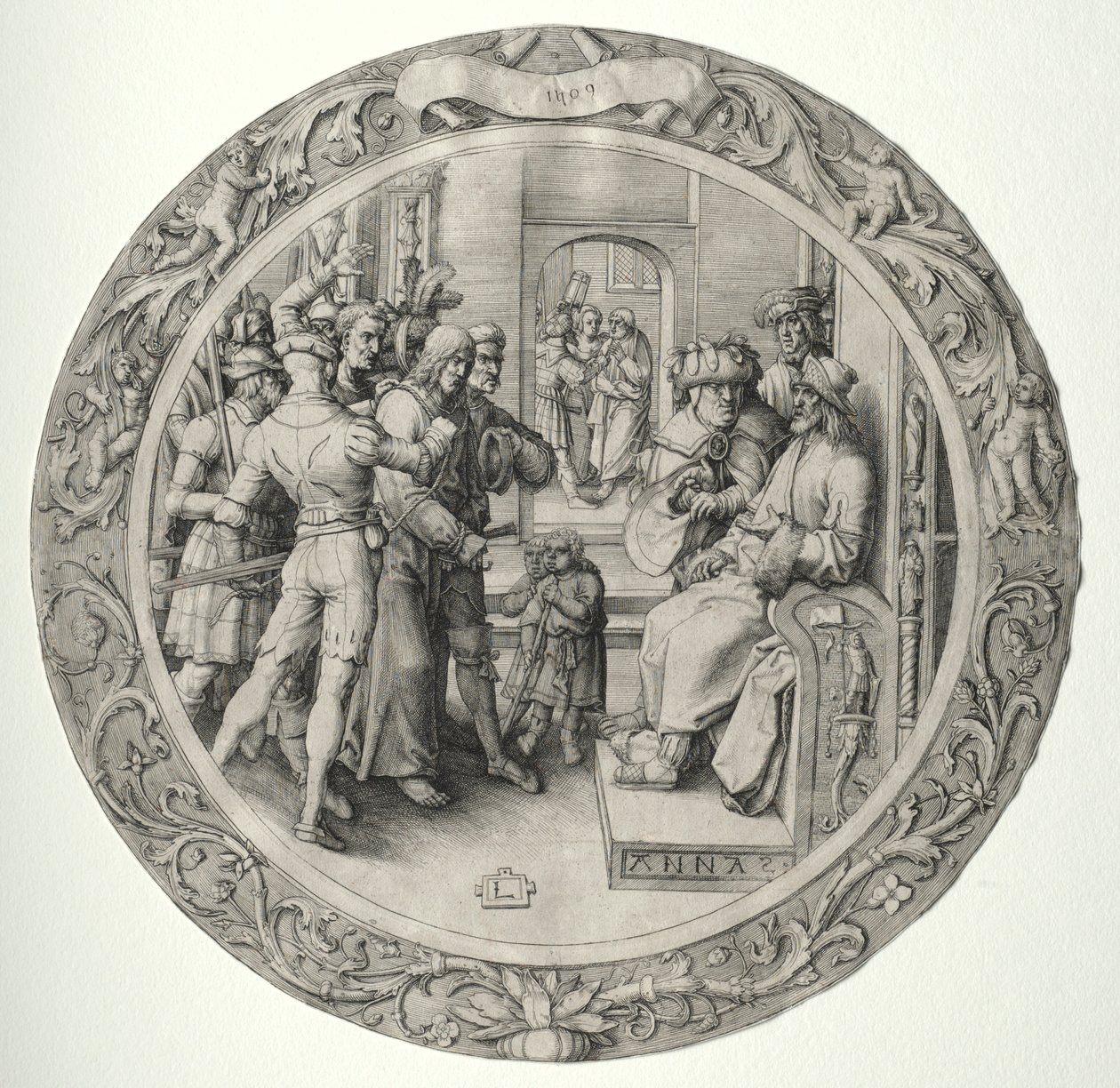 Okrągła Pasja: Chrystus przed Najwyższym Kapłanem, 1509. autorstwa Lucas van Leyden