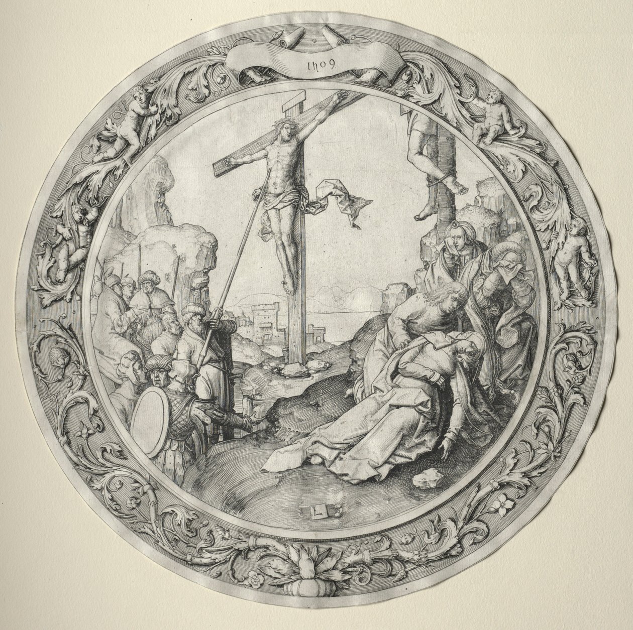 Okrągła pasja: Ukrzyżowanie, 1509. autorstwa Lucas van Leyden