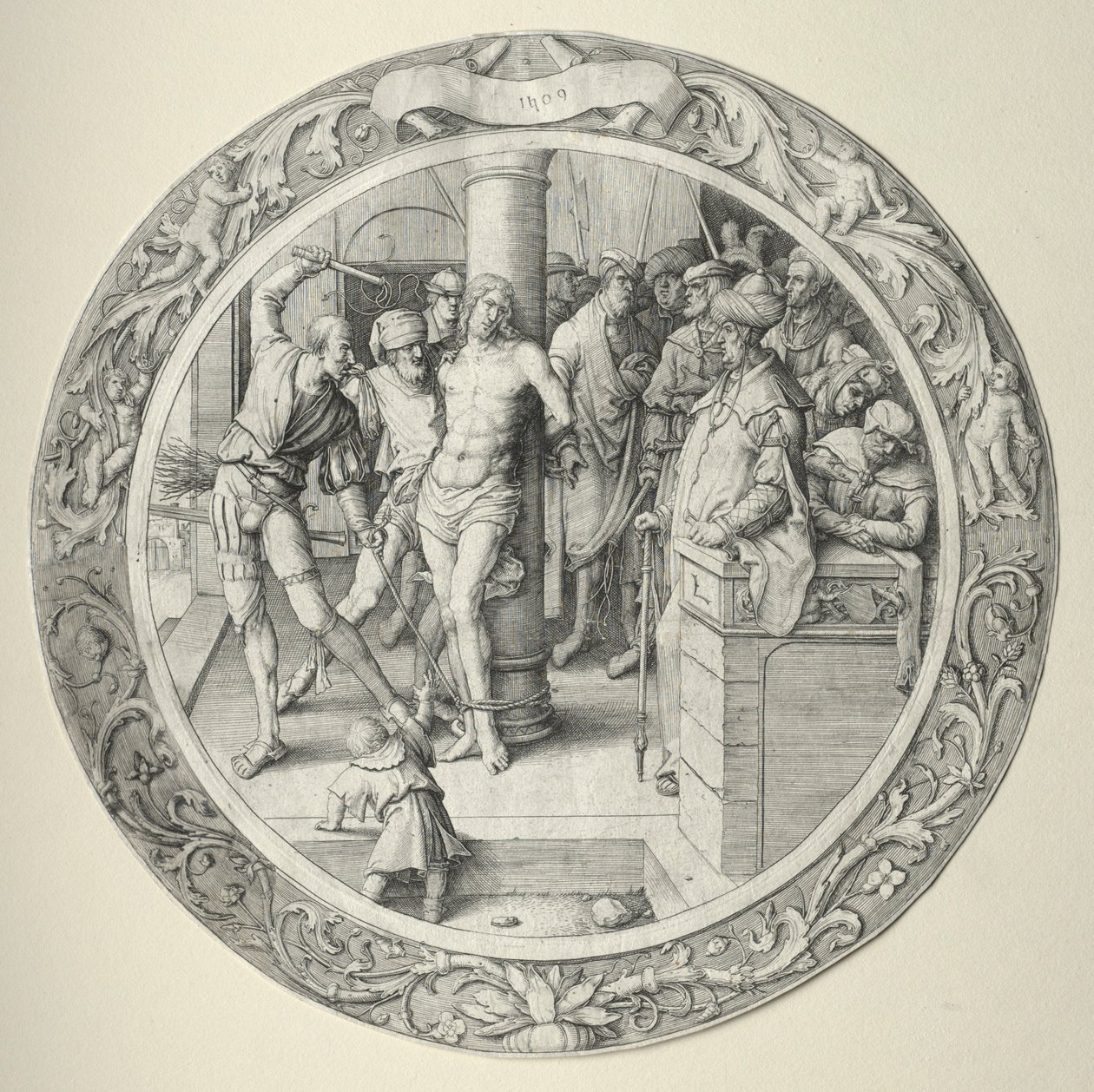Okrągła pasja: Biczowanie, 1509. autorstwa Lucas van Leyden