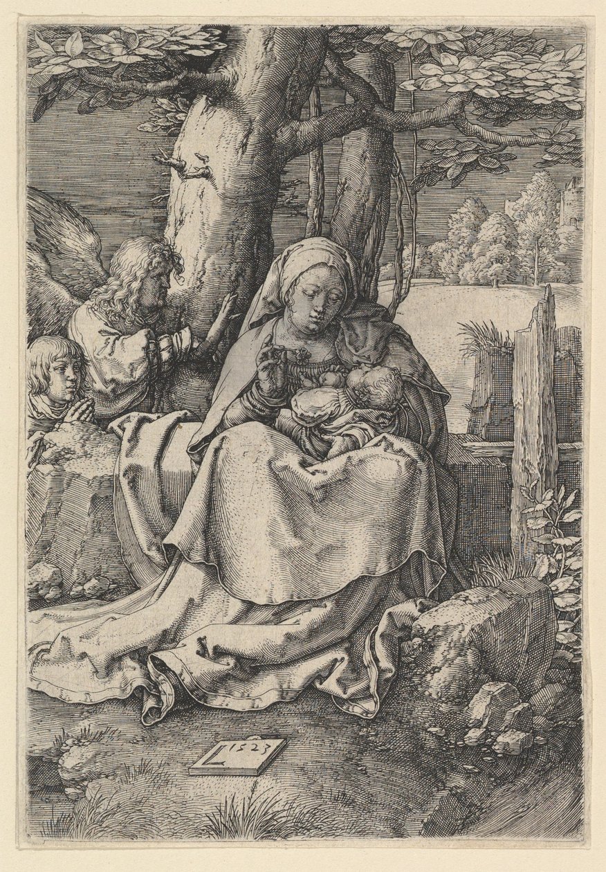 Dziewica z Dzieciątkiem z dwoma aniołami, 1523. autorstwa Lucas van Leyden