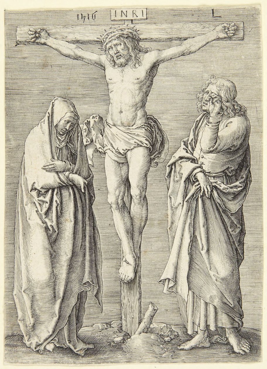 Matka Boska i św. Jan u stóp krzyża autorstwa Lucas van Leyden