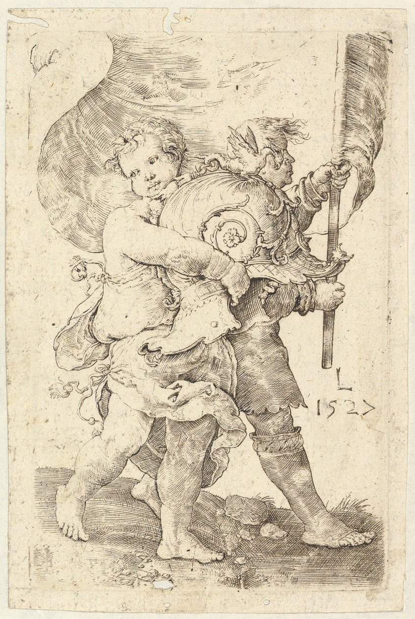 Dwóch chłopców z kaskiem i sztandarem, 1527. autorstwa Lucas van Leyden
