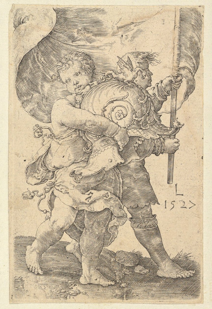 Dwóch chłopców z kaskiem i sztandarem, 1527. autorstwa Lucas van Leyden