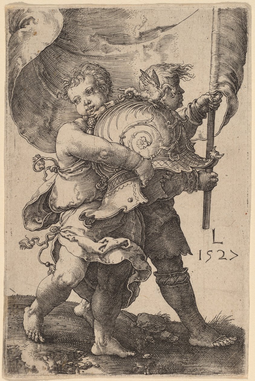 Dwóch chłopców z kaskiem i sztandarem autorstwa Lucas van Leyden