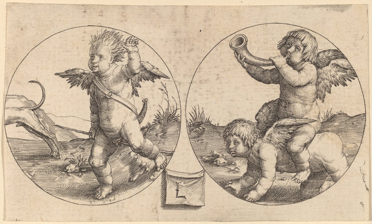 Dwa amorki w dwóch kręgach autorstwa Lucas van Leyden