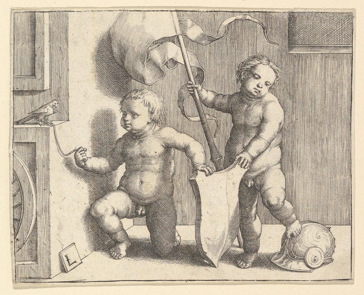 Dwoje nagich dzieci podtrzymujących pustą tarczę, ca. 1510. autorstwa Lucas van Leyden