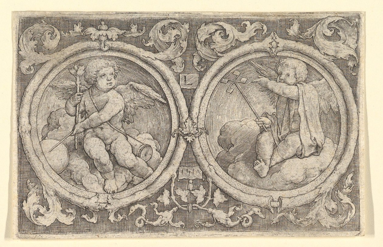 Dwóch Putti siedzących w chmurach w kręgach z wąsami, 1517. autorstwa Lucas van Leyden