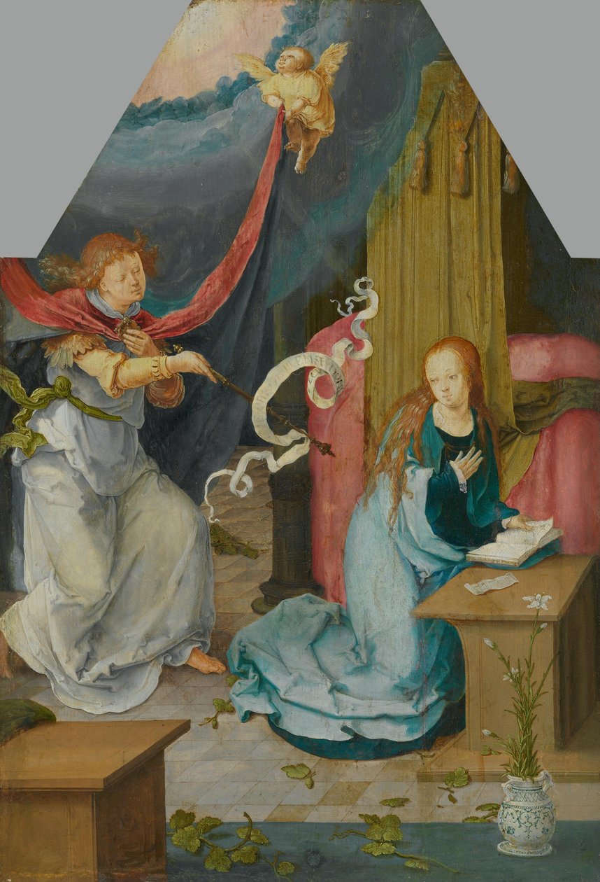 Zwiastowanie Marii (oddzielona strona zewnętrzna nr inw. 742) autorstwa Lucas van Leyden