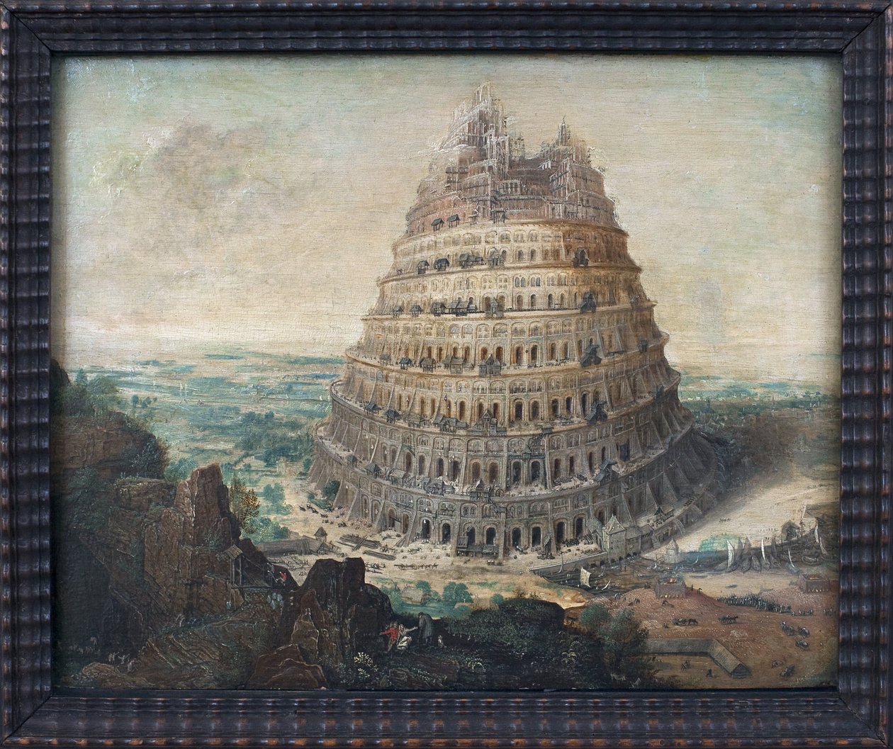 Wieża Babel. Obraz Lucasa Van Valkenborcha (ok. 1535-1597), olej na drewnie, sztuka flamandzka autorstwa Lucas van Valckenborch